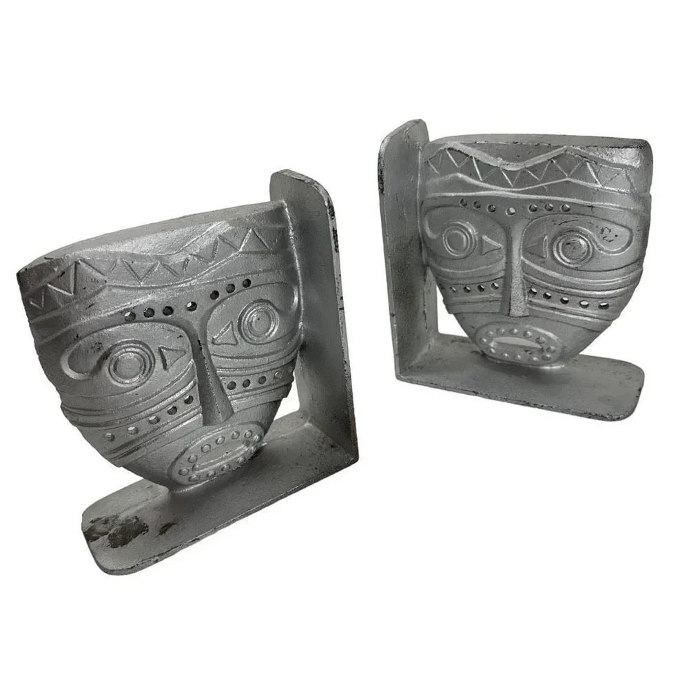 Tiki Mask Inspired Cast Iron Metal Bookends